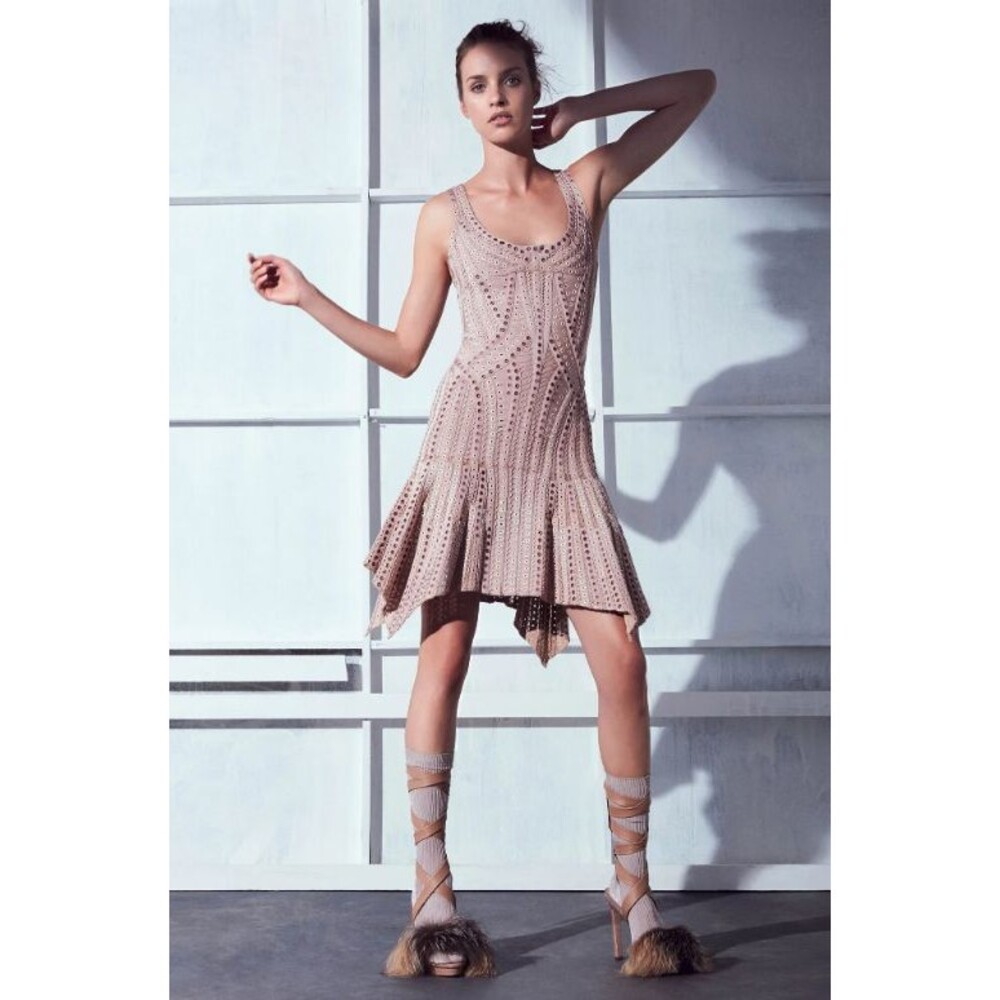 Herve Leger XXS Nude Studded Grommet Bandage Mini Dress Sleeveless Bodycon